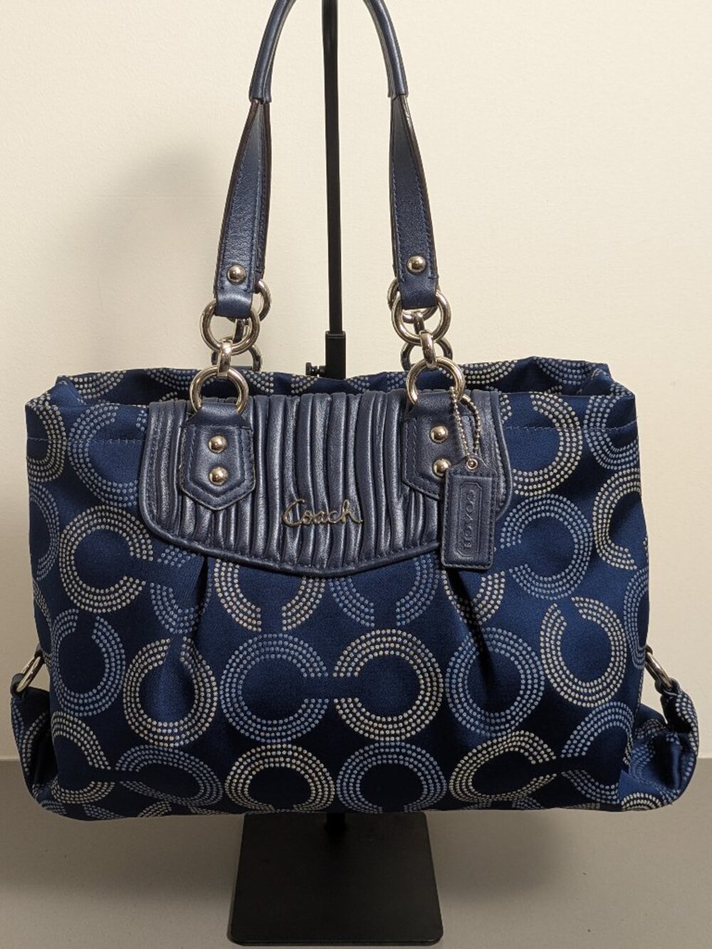 COACH Ashley Dotted Op Art Navy Blue Signature Carryall Leather Canvas
